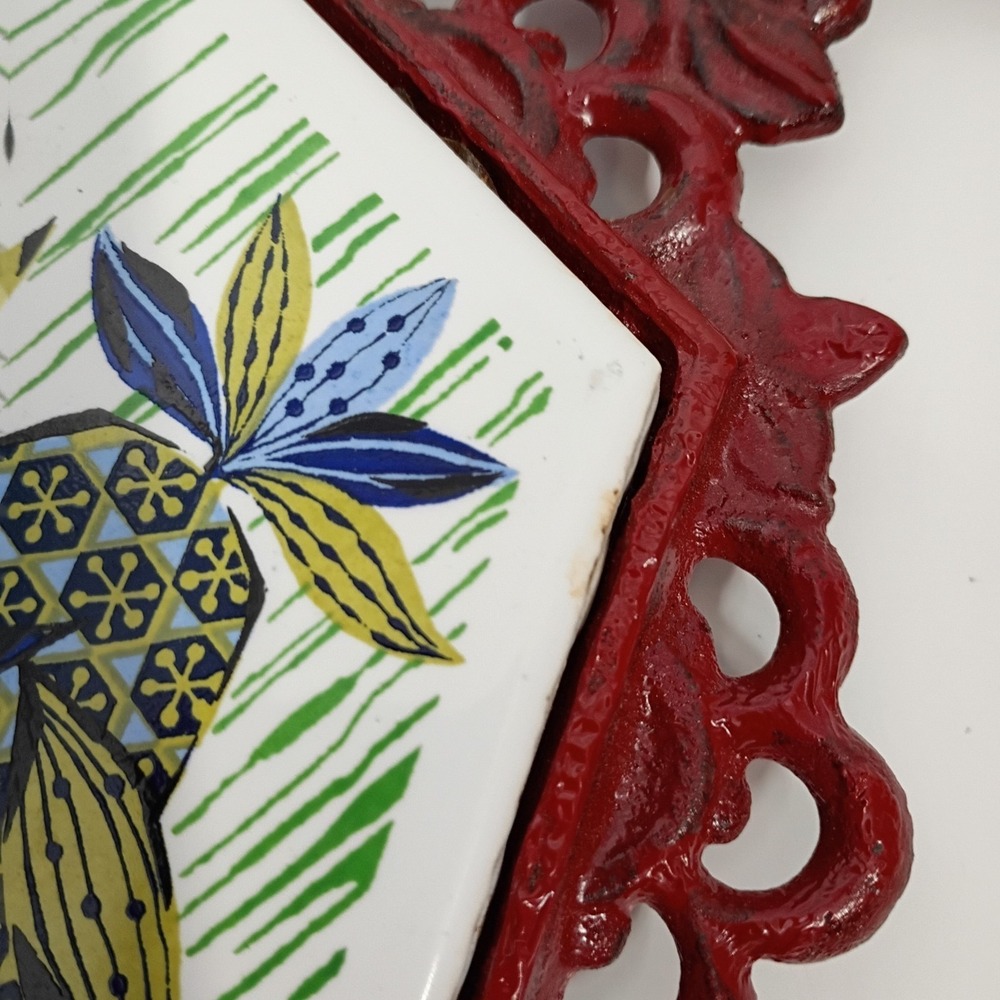 Ceramic Tile Cast Iron Hot Plate Trivet Fruit Retro Wall Hanging -Blue Green Red - Picture 4 of 7